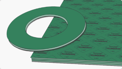 Green square of gasket sheet material with washer cut overlapping
