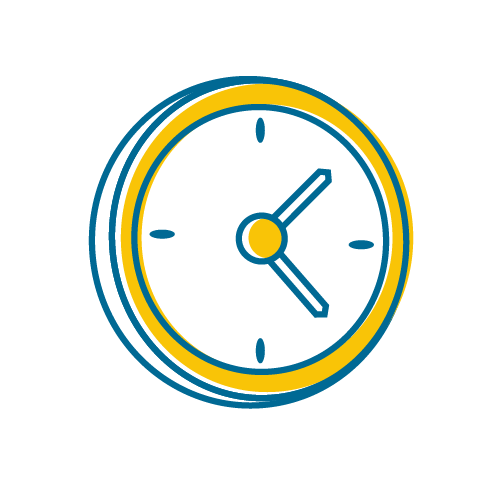 blue and yellow line drawn icon of a clock
