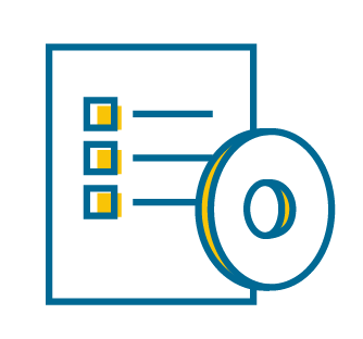 blue and yellow line drawn icon of sheet of paper with boxes and lines, overlapped by a washer
