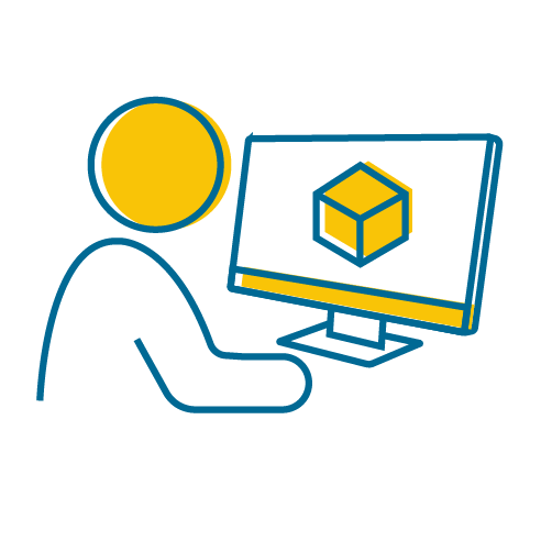 blue and yellow line drawn icon of individual person working on a computer with a cube on the screen